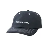 Gorra negra de algodón con logo Rip Curl bordado en blanco en el frente y costuras blancas en la visera.
