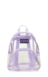 Mochila mini transparente de la marca JanSport con ribetes y correas en color lila pastel. Cuenta con un compartimento principal y un bolsillo frontal con cierre.