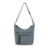 Cartera bandolera gris de formato amplio, con correa larga regulable y desmontable con inscripciones. Cuenta con cierre superior, bolsillo frontal con cierre y detalle colgante de cordones, y un bolsillo trasero con cierre.