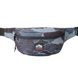 Riñonera Rip Curl con diseño de camuflaje abstracto en tonos grises y negros. Cuenta con cierre frontal, correa ajustable y parche con el logo de la marca en el centro.