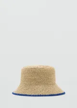 Gorro bucket de fibra natural tejido con detalle de borde en color azul.