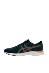 Championes deportivos Asics modelo Streetwise, color azul con diseño melange, suela blanca con detalles en naranja y el logo de la marca en tono rosado en el lateral.