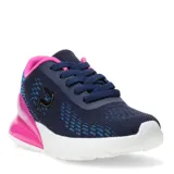 Championes deportivos Push Mati, color azul marino con detalles en fucsia y azul claro. Tienen capellada de malla transpirable, cordones azules y suela blanca con amortiguación fucsia.