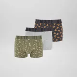 Pack de tres bóxers de hombre con cintura elástica con la inscripción "Ultimate". Un bóxer es gris liso, otro es verde con estampado de aguacates y el tercero es negro con estampado de hamburguesas.