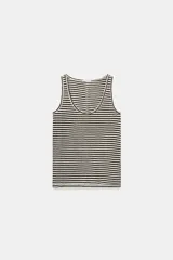 Top musculosa de hilatura con algodón y lino, con diseño de rayas horizontales en color marrón y blanco, escote redondo y manga sisa.