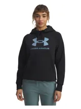 Canguro Under Armour modelo Rival Fleece Shimmer, de color negro con capucha, cordones de ajuste y bolsillo frontal tipo canguro. Presenta el logotipo de la marca y texto con acabado brillante iridiscente en el pecho, y mangas raglán con puños y dobladillo acanalados.