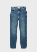 Jeans slim tiro alto de color azul, con diseño crop, cierre de botón y cremallera, trabillas y cinco bolsillos.
