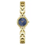 Reloj Guess modelo Siren con caja de 22 mm en acero inoxidable dorado. Presenta una esfera azul con acabado sunray, bisel con cristales incrustados y correa tipo brazalete de eslabones dorados.