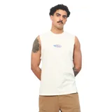 Musculosa Quiksilver de color blanco, sin mangas, con pequeño estampado ovalado en el centro del pecho.