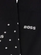 Set de regalo compuesto por dos pares de medias negras con logo Boss y detalle de puntos plateados, presentadas en caja de marca.