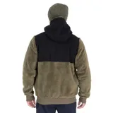 Canguro con cierre frontal completo, confeccionado en tela sherpa. Presenta un diseño de bloques de color en verde y negro, con capucha ajustable, bolsillos laterales con cierre y puños elásticos.