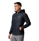 Campera híbrida Columbia con capucha, diseño acolchado en el frente y espalda, y paneles laterales elásticos. Cuenta con cierre frontal completo, bolsillos laterales con cremallera y tecnología Omni-Shield repelente al agua.