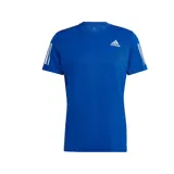 Remera de running Adidas Own The Run Tee, color azul con tres rayas blancas en las mangas y logo blanco en el pecho.