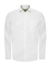 Camisa de manga larga RKF de color blanco, confeccionada en popelina de algodón. Presenta cuello italiano, cierre frontal con botones, un bolsillo en el pecho con el logo bordado y calce regular.