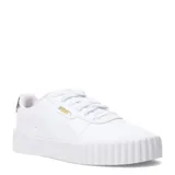Championes Puma modelo Carina 3.0 Animal Flair, de diseño urbano con plataforma. Presentan una capellada de cuero sintético blanco con detalles de estampado animal en el talón y logo Puma en dorado. Cuentan con suela de goma robusta y cierre mediante cordones.