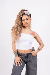 Top strapless de algodón con lycra, color rosa.