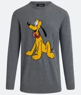 Suéter masculino de corte regular confeccionado en tejido de punto de algodón. Presenta cuello redondo, mangas largas con puños acanalados y un estampado frontal del personaje Pluto de Disney.