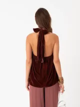 Top halter de terciopelo color marrón, con cuello alto que se anuda en la espalda.