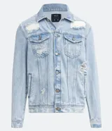 Campera de jean celeste con lavado delavé, corte clásico, cuello camisero, bolsillos delanteros con solapa y bolsillos laterales. Presenta roturas y deshilachados.