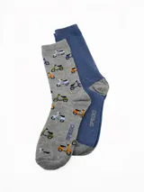 Pack de dos pares de medias de caña media. Un par es de color gris jaspeado con estampado de pequeñas motonetas de colores, y el otro par es de color azul jaspeado con talón y puntera en gris. Ambos pares incluyen el logo de la marca estampado.
