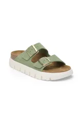 Sandalias Birkenstock Arizona Chunky color verde con hebillas doradas.