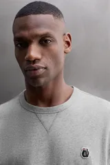 Camiseta relaxed fit de algodón, color gris melange con mangas en un tono de gris más claro. Tiene cuello redondo, manga corta, bordado frontal y texto estampado en la espalda a contraste. Incluye un parche con logo en el bajo.