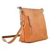 Cartera tipo bandolera de cuero sintético color negro, con correa larga regulable y bolsillo externo con cierre.