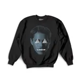 Buzo negro de cuello redondo con estampa gráfica frontal en tonos azules y blancos que representa el rostro de Canserbero con triángulos sobre los ojos y la frase All You Need Is Love.