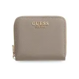 Billetera compacta Guess modelo Laurel II, color gris oscuro con textura granulada. Presenta cierre perimetral metálico y logo de la marca en letras doradas en la parte frontal.