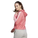 Buzo Adidas de mujer color salmón, corto, con capucha y cordones ajustables. Presenta las tres rayas blancas características de la marca en las mangas y el logo bordado en el pecho.