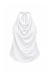 Top halter bordó con escote drapeado y lazo para atar al cuello.
