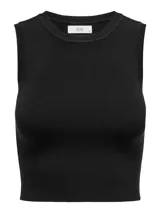 Top de punto corto y ajustado color negro, sin mangas y con cuello redondo, confeccionado en viscosa elástica.