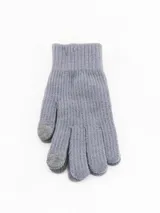 Guantes de punto color gris con puño acanalado y puntas de los dedos en un tono gris más oscuro, diseñados para uso táctil.