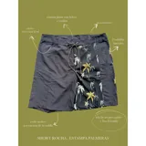 Short de baño negro con estampado de palmeras, corte por encima de la rodilla, con cintura plana con belcro y cordón, dos bolsillos laterales y tela de secado rápido.