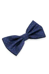 Moño de cuello azul marino con sutiles lunares dorados, confeccionado en tejido texturado.