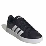 Championes urbanos Adidas modelo Grand Court Base 3.0, color negro con las icónicas tres rayas laterales en blanco. Presentan un diseño de corte bajo con exterior de cuero sintético y suela de goma blanca.