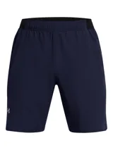 Short deportivo Under Armour, modelo Vanish Woven, color azul marino. Confeccionado en tejido ultraligero y transpirable de secado rápido, con paneles perforados para ventilación, bolsillos laterales y bajo con abertura lateral para mayor movilidad.