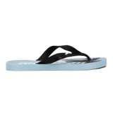 Chinelas de goma azul marino con estampado de palmeras en gris y detalles en amarillo flúor.