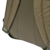 Mochila Adidas color verde oliva con tres franjas negras y logo en el bolsillo frontal.