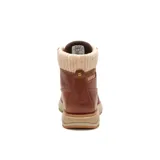 Bota de cuero color marrón con cuello de tejido de punto en color beige. Presenta cordones al tono, herrajes metálicos dorados y suela de goma dentada en color arena.