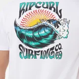 Remera Rip Curl de manga corta, color blanco, con pequeño estampado gráfico en el pecho con temática de surf.