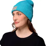 Gorro de lana Columbia modelo Lost Lager II, color turquesa, de punto acanalado con vuelta y parche de cuero sintético con el logo de la marca en el frente.