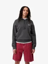 Hoodie Carhartt de calce holgado y silueta tipo globo, confeccionado en algodón con acabado lavado. Presenta capucha con cordones ajustables, puños y ruedo acanalados, y etiqueta cuadrada distintiva de la marca aplicada en el pecho.