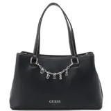 Cartera tipo tote de cuero sintético negro con doble asa de hombro, costuras en contraste y una cadena decorativa frontal con los dijes que forman la marca. Cuenta con logo impreso en la parte inferior.
