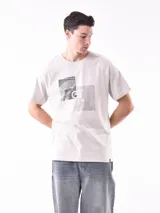 Remera de manga corta color gris claro, con cuello redondo y un estampado gráfico central compuesto por dos recuadros con textura de hoja y las letras "GT" en el centro.