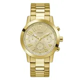 Reloj analógico Guess modelo Parker con caja y malla de acero inoxidable en tono dorado. Presenta una esfera color champagne de 44 mm con subesferas multifunción y números arábigos destacados.