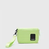 Billetera acolchada color verde menta, con diseño rectangular y cierre perimetral. Cuenta con una correa de muñeca extraíble y un parche de goma negro con el logo de la marca en el frente.