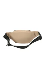Riñonera color beige con cierres negros, bolsillo frontal y etiqueta con la inscripción "Not Just a Bag".
