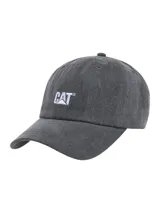 Gorra de 6 paneles color gris oscuro, con visera curva y logo bordado de la marca Cat en color blanco en el frente.