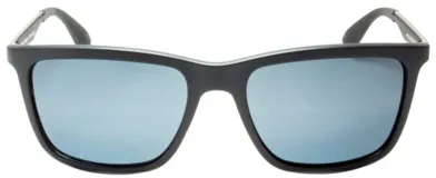 Lentes de sol Floats 4275 col 2, con montura cuadrada negra de acetato y lentes espejados celestes.